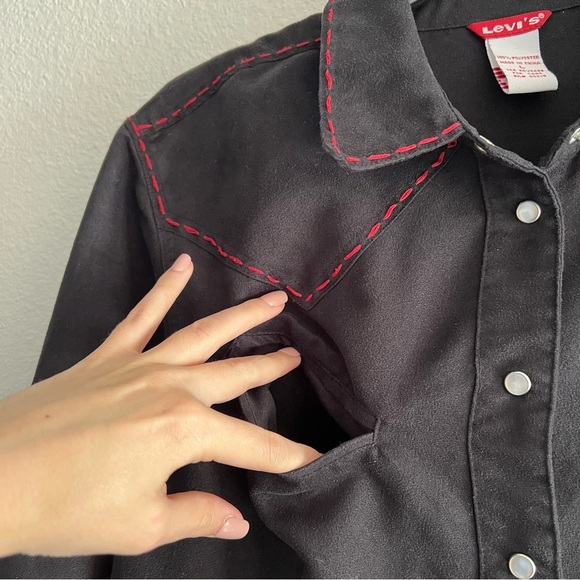 Levis Womens Faux Suede Western Pearl Snap Button Up Shirt Red Stitch Equestrian - Picture 4 of 10